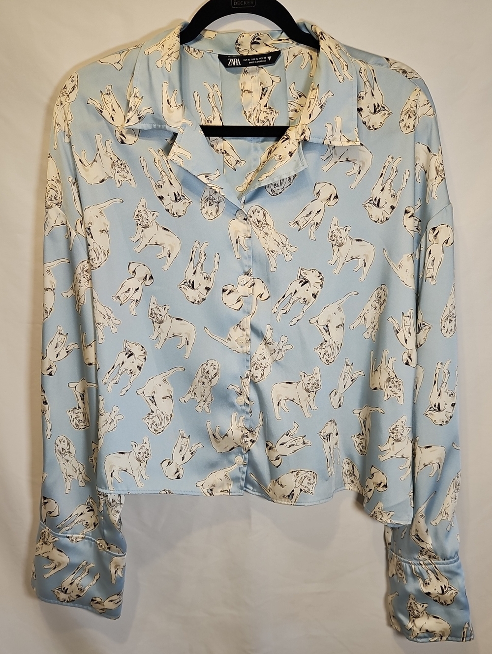 Zara Womens Blue Dog Print Oversized Button Down Blouse Novelty Animal Shirt